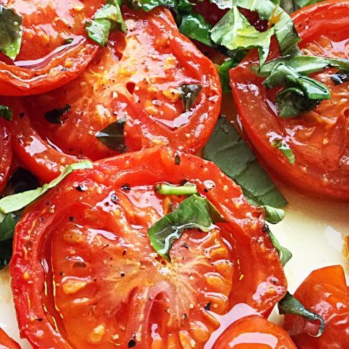 Fresh Basil Topped Slow Roasted Tomatoes